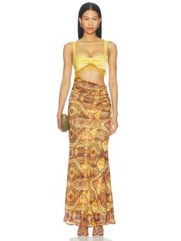 Runaway The Label - Cutout Women's Beaded Fringe Maxi Dress Yellow