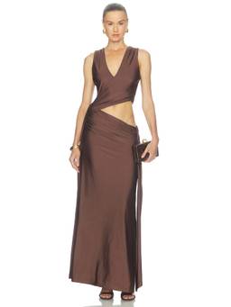 Runaway The Label - Deep Plunge Women's Sleeveless Side Drape Maxi Dress Brown