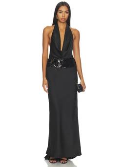 Runaway The Label - Deep Plunge Women's Sequin Waist Cowl Neck Maxi Dress Black