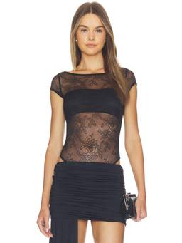 Runaway The Label - Opaline Women's Sheer Lace Boat Neck Bodysuit Black