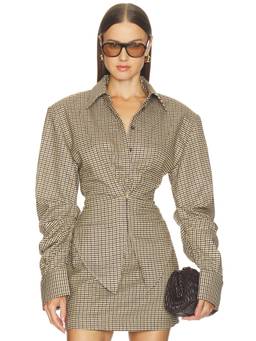 SANS FAFF - Check Founder's Women's Ruched Sleeve Button-Down Blouse Beige