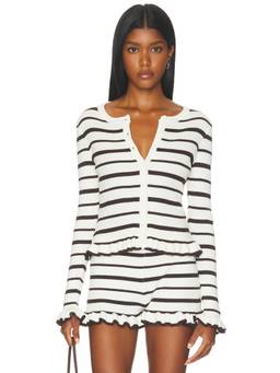 SEVEN WONDERS - Donna Women's Striped Ruffle Trim Knit Crop Top White
