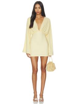 SNDYS - Helene Women's Ruched V-Neck Bodycon Mini Dress Yellow