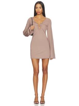 SNDYS - Laura Women's Ruched Plunging Neck Bodycon Mini Dress Beige
