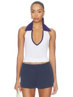 SNDYS - Gwen Women's Contrast Collar Halter Crop Top White