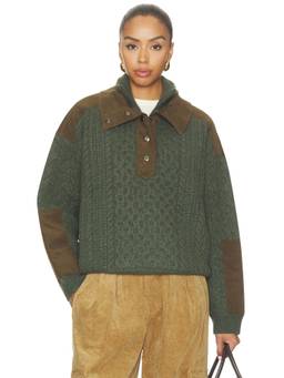 SEA - Allen Cable Women's Half Zip Corduroy Trim Sweater Green