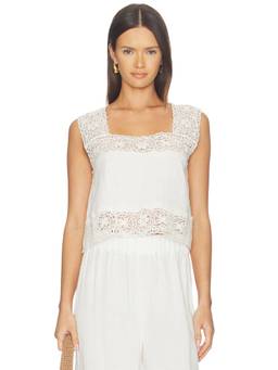 SEA - Gardener Women's Lace Trim Sleeveless Square Neck Tank Top White