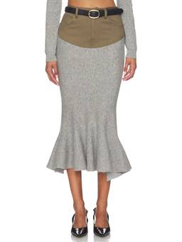 self-portrait - Knit Khaki Denim Insert Women's Midi Skirt Grey