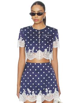 self-portrait - Polka Dot Women's Lace Trim Crop Top Navy Blue