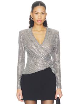 self-portrait - Rhinestone Mesh Women's Wrap V-Neck Top Grey