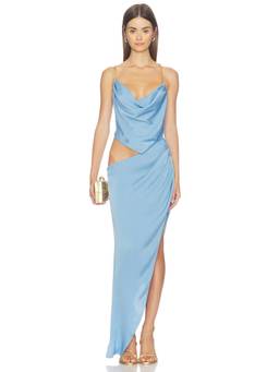 SIDERA - Aura Women's Draped Cowl Neck Cut-Out Gown Blue