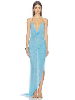 SIDERA - Reversible Asymmetric Women's Ruched Cowl Neck Maxi Dress Blue
