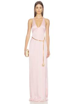 SIDERA - Celeste Women's Satin Chain Belt V-Neck Gown Pink