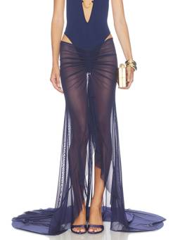 SIDERA - Salacia Draped Women's Ruched Sheer Mesh Maxi Skirt Navy Blue