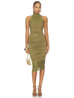 SER.O.YA - Esmee Women's Ruched Halter Neck Mesh Midi Dress Olive