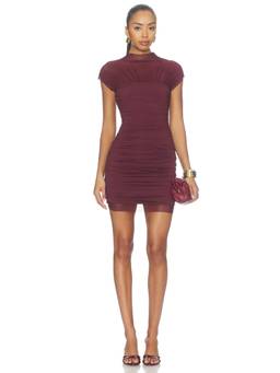 SER.O.YA - Paola Women's Ruched Mesh Panel Mini Bodycon Dress Burgundy