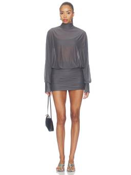 SER.O.YA - Jensine Women's Sheer Jersey High Neck Mini Dress Charcoal