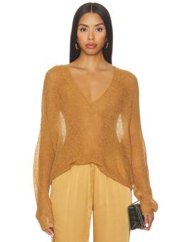 SER.O.YA - Madena Women's Sheer V-Neck Knit Pullover Sweater Brown