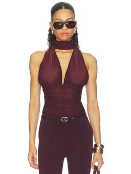 SER.O.YA - Lori Women's Ruched Halter Neck Mesh Top Burgundy