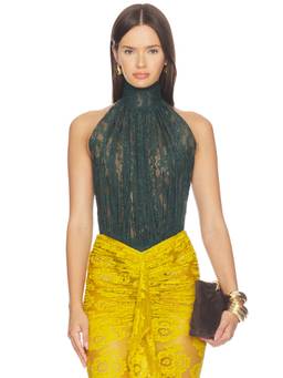 SER.O.YA - Women's Sheer Lace High Neck Sleeveless Bodysuit Green
