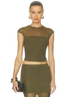 SER.O.YA - Women's Sheer Mesh Cap Sleeve Crop Top Green