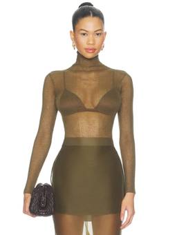 SER.O.YA - Piper Women's Semi-Sheer Ribbed Turtle Neck Top Olive