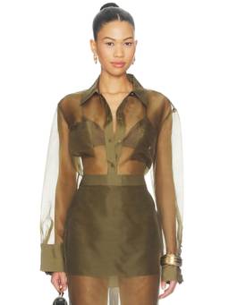 SER.O.YA - Sheer Silk Women's Semi-Sheer Button-Up Shirt Olive