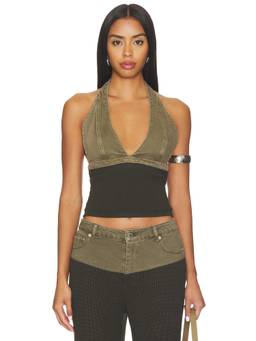 SER.O.YA - Women's Halter Neck Contrast Denim Crop Top Green