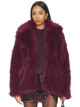 Show Me Your Mumu - Salt Lake Women's Shaggy Faux Fur Peaked Lapel Coat Burgundy