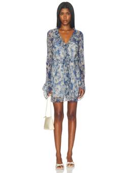 SIR. - Lilia Ruffle Women's Floral V-Neck Mini Dress Blue