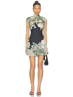 SAU LEE - Floral Print Women's Keyhole Neck Cinched Waist Mini Dress Black