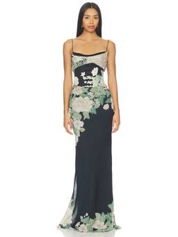 SAU LEE - Esme Women's Floral Print Corset Maxi Dress Black