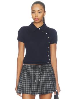 Sandy Liang - Birdie Women's Faux Button Polo Knit Top Navy Blue
