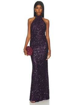 SILVIA TCHERASSI - Dido Women's Sequined Backless Halter Gown Purple
