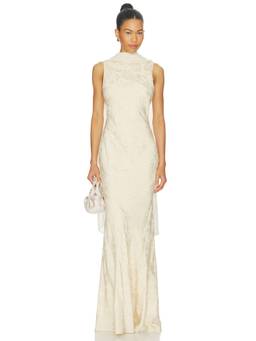 Sonya Moda - Floral Satin Women's Draped Scarf Maxi Dress Off White