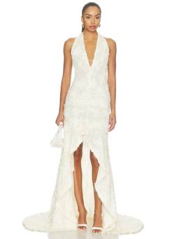 Sonya Moda - Noorah Women's Halter Neck Fringe Jacquard Gown Ivory