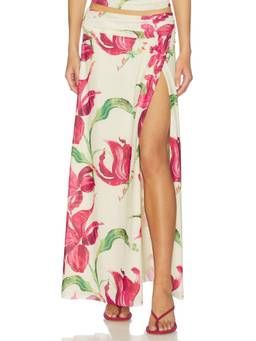 Sovere - Azalea Women's Floral Ruched Slit Maxi Skirt Cream