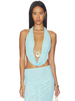 superdown - Saylor Women's Halter Cowl Neck Mesh Crop Top Blue