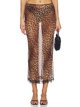 SPRWMN - Amelie Women's Sheer Lace Trim Midi Skirt Brown