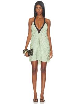 SIEDRES - Beaded Jersey Women's Halter V-Neck Mini Dress Green