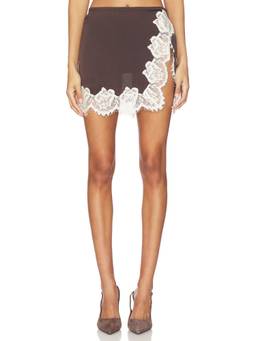 SIEDRES - Niera Women's Lace Trim Side Slit Mini Skirt Brown