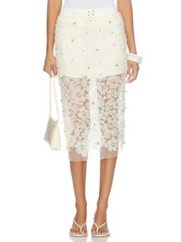 SIEDRES - Sheer Floral Applique Women's Midi Skirt Off White