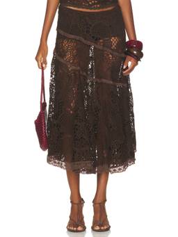 SIEDRES - Open Knit Women's Sheer Pull-On Midi Skirt Brown