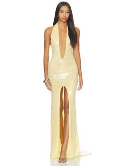 Sketch-Y - Media Women's Sequin Plunging Neck Train Gown Yellow