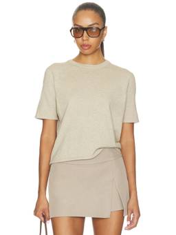 Stitches & Stripes - Lightweight Knit Women's Ribbed Trim Crew Neck T-Shirt Beige