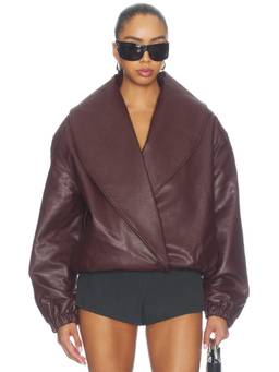 Source Unknown - Eleni Women's Faux Leather Snap-Front Bomber Jacket Burgundy