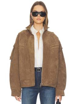 Source Unknown - Tova Women's Faux Suede Zippered Bomber Jacket Khaki
