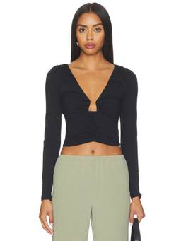 Susana Monaco - Angle Wire Women's Ruched V-Neck Long Sleeve Crop Top Black