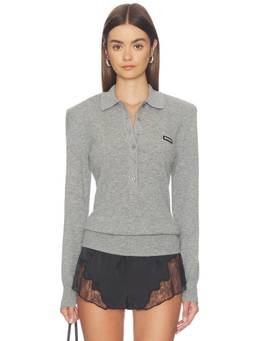 ROTATE - Wool Long Sleeve Collared Polo T-Shirt Grey