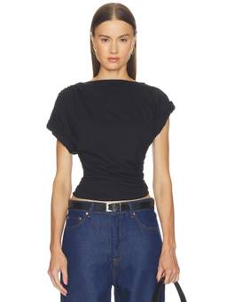 The Line by K - Francine Pleated Women's Ruched Short Sleeve Crew Neck T-Shirt Black